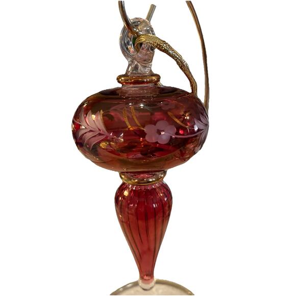 Vtg Art Glass Handblown Finial Cranberry Gold Etched Flowers Christmas Ornament